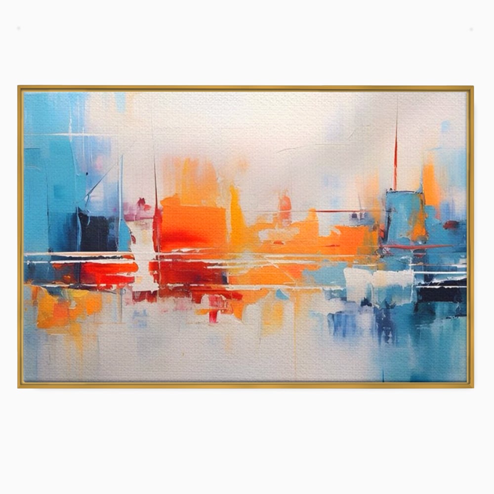 Tablou canvas cu pictura abstracta cu peisaj urban, in rama de aluminiu auriu